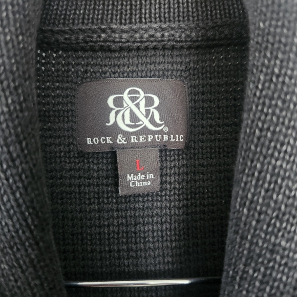 ROCK & REPUBLIC Mens‎ Cable Knit Fisherman Sweater Grey Washed Lapel CollarLarge - Picture 2 of 8